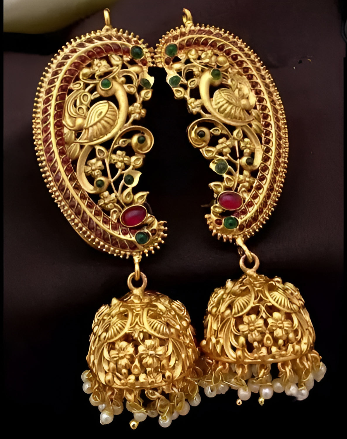 Jewel City Antique Gold Peacock Temple Jhumka Earrings Ruby & Emerald Traditional Earrings Handcrafted South Indian Bridal Jewelry | Grocsy