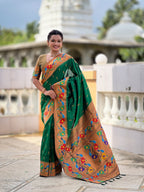 Vedant Vastram Soft Litchi Silk Paithani Jacquard Saree - Green | Grocsy