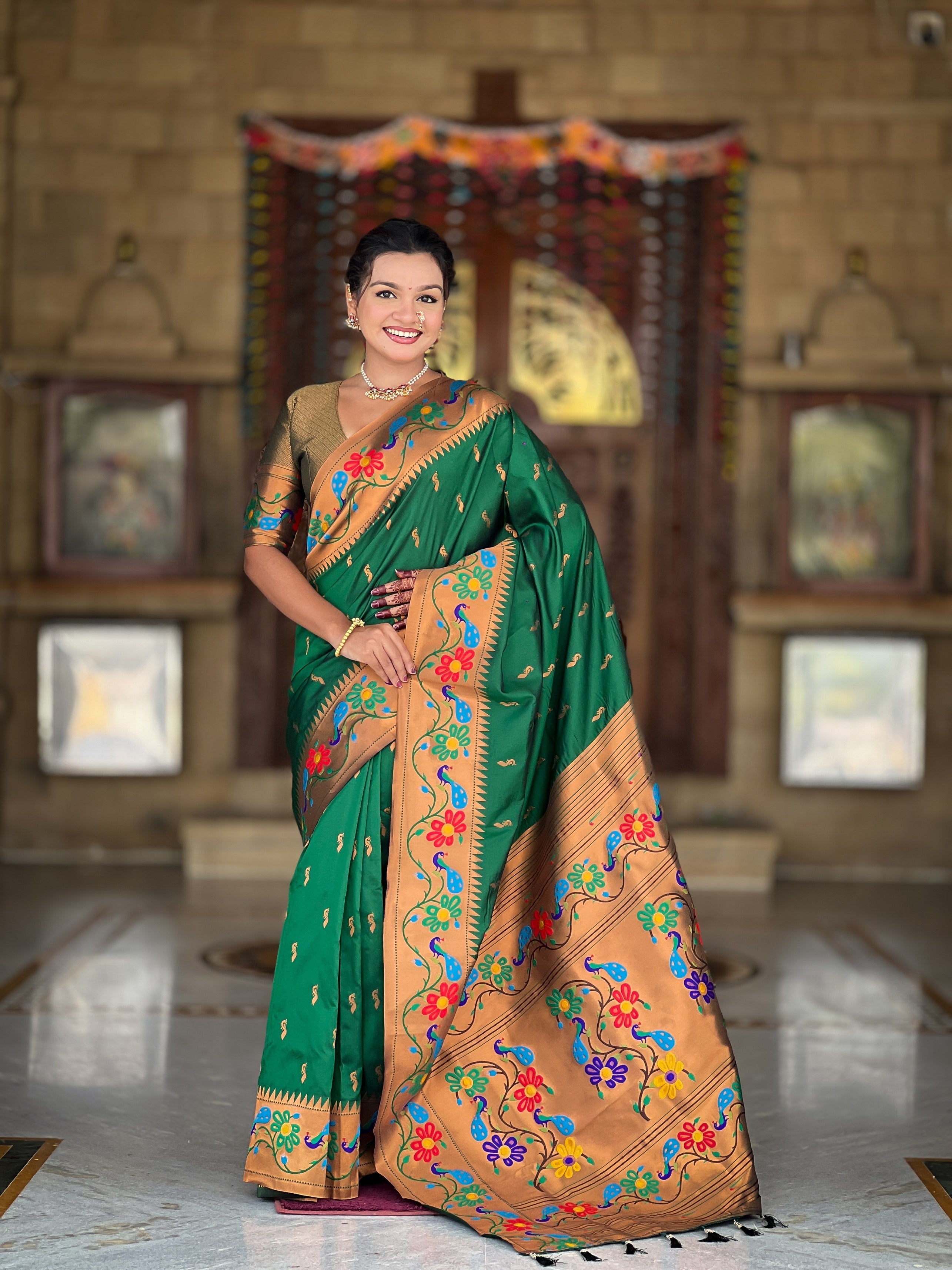 Vedant Vastram Soft Litchi Silk Paithani Jacquard Saree - Green | Grocsy
