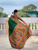 Vedant Vastram Soft Litchi Silk Paithani Jacquard Saree - Green | Grocsy