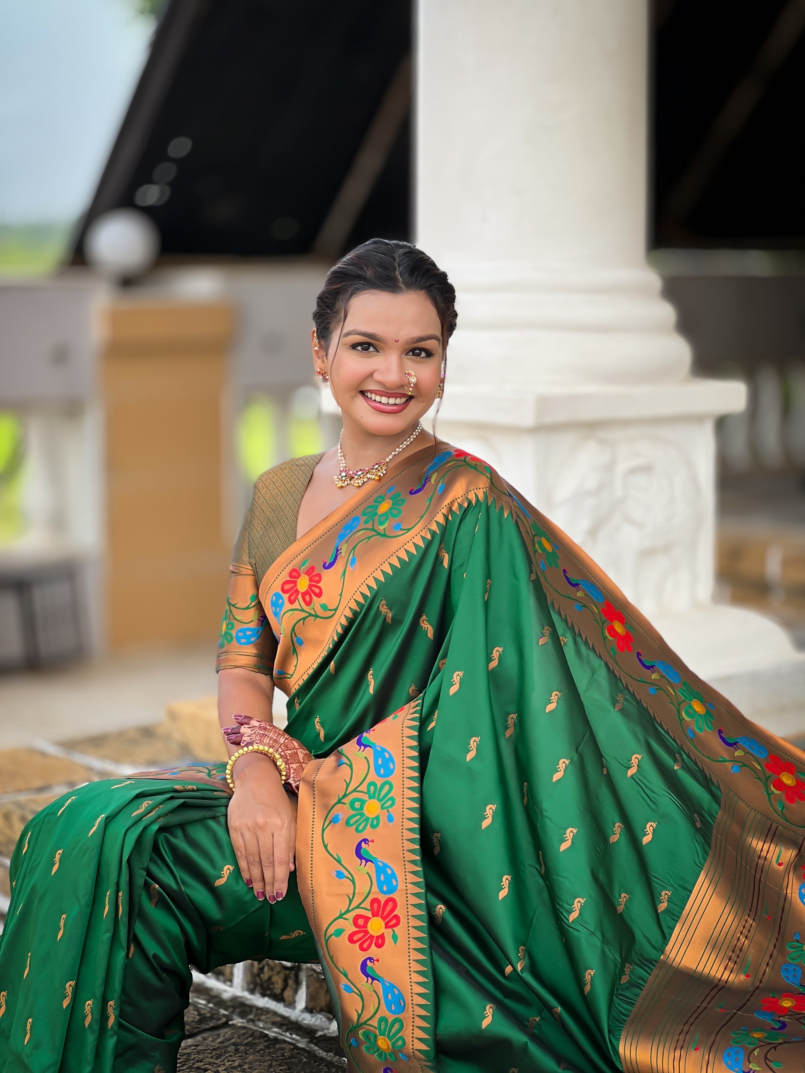Vedant Vastram Soft Litchi Silk Paithani Jacquard Saree - Green | Grocsy