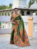 Vedant Vastram Soft Litchi Silk Paithani Jacquard Saree - Mahendi | Grocsy