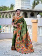 Vedant Vastram Soft Litchi Silk Paithani Jacquard Saree - Mahendi | Grocsy
