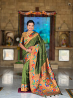 Vedant Vastram Soft Litchi Silk Paithani Jacquard Saree - Mahendi | Grocsy