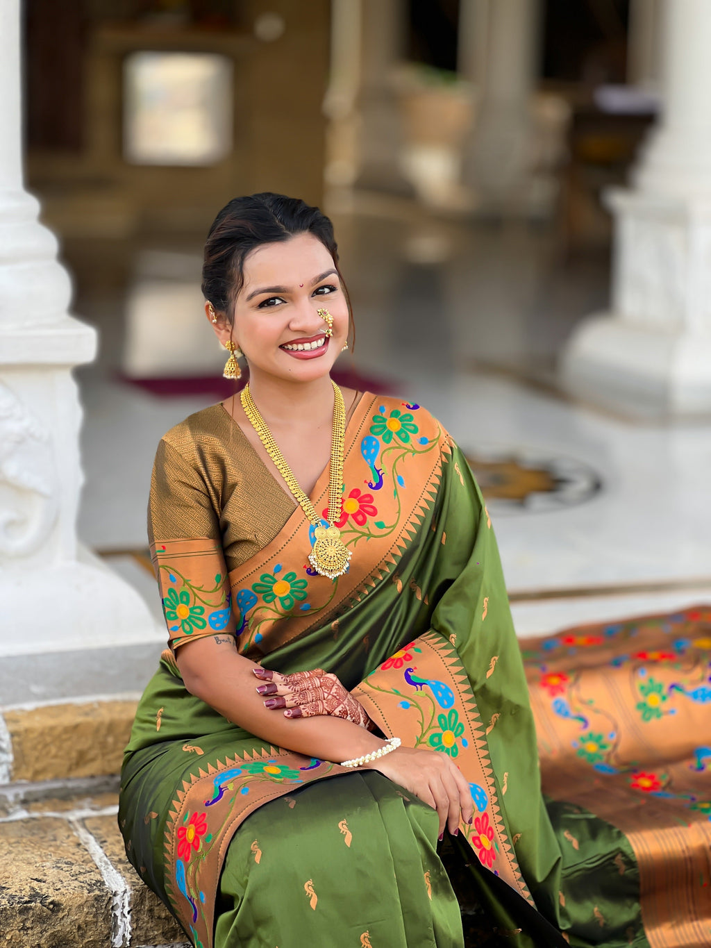 Vedant Vastram Soft Litchi Silk Paithani Jacquard Saree - Mahendi | Grocsy