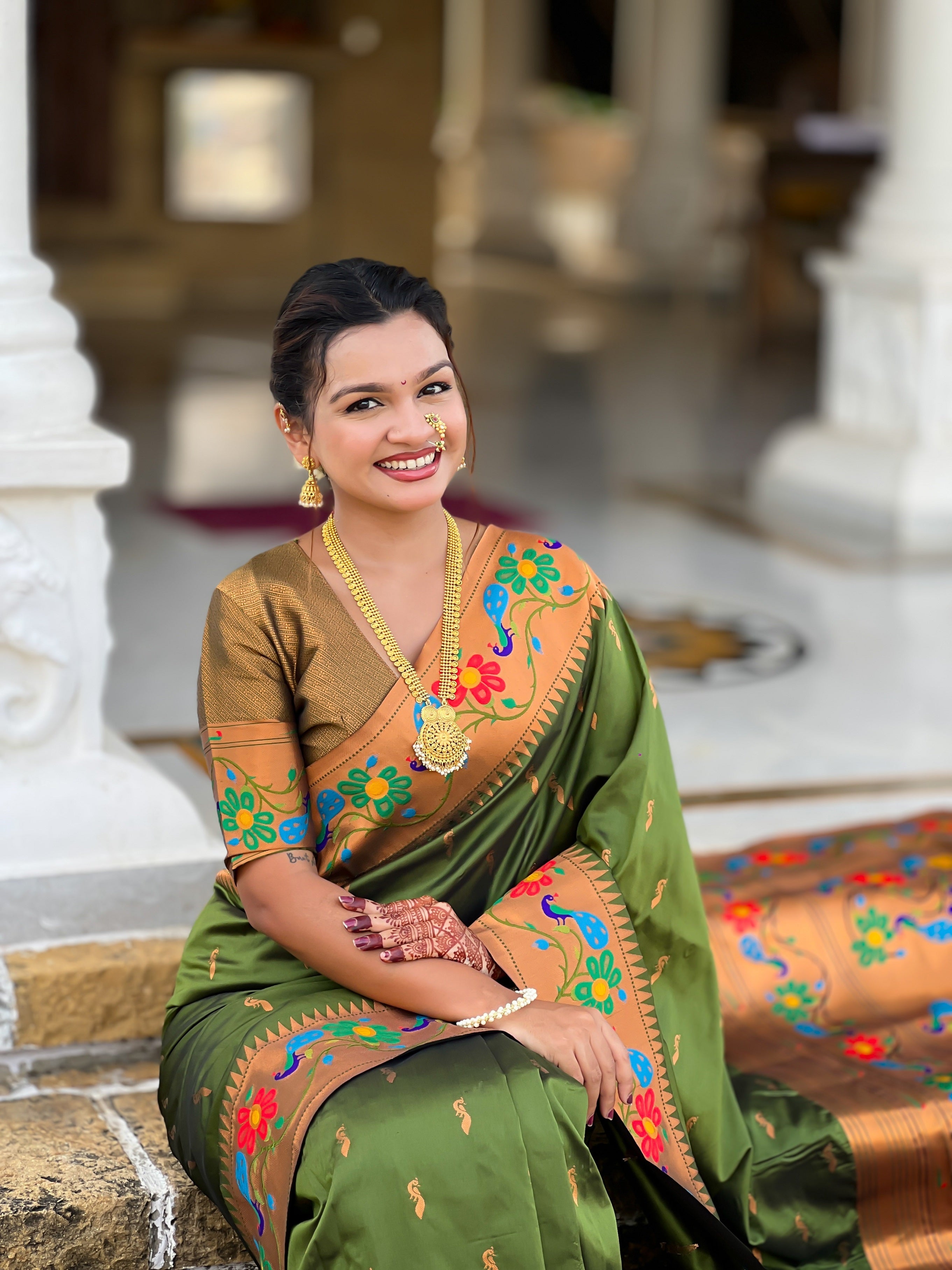 Vedant Vastram Soft Litchi Silk Paithani Jacquard Saree - Mahendi | Grocsy