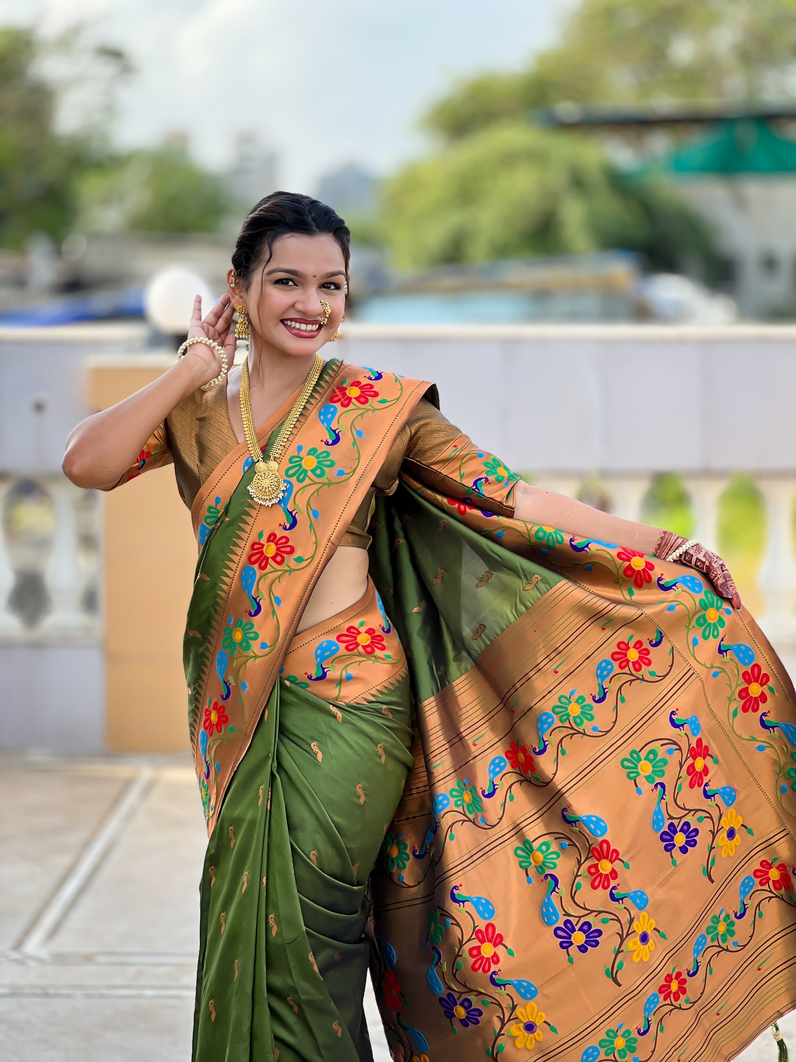 Vedant Vastram Soft Litchi Silk Paithani Jacquard Saree - Mahendi | Grocsy
