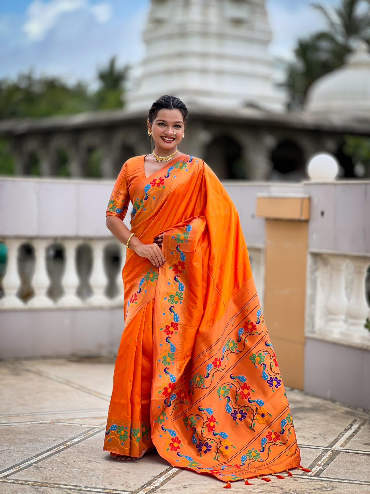 Vedant Vastram Soft Litchi Silk Paithani Jacquard Saree - Orange | Grocsy