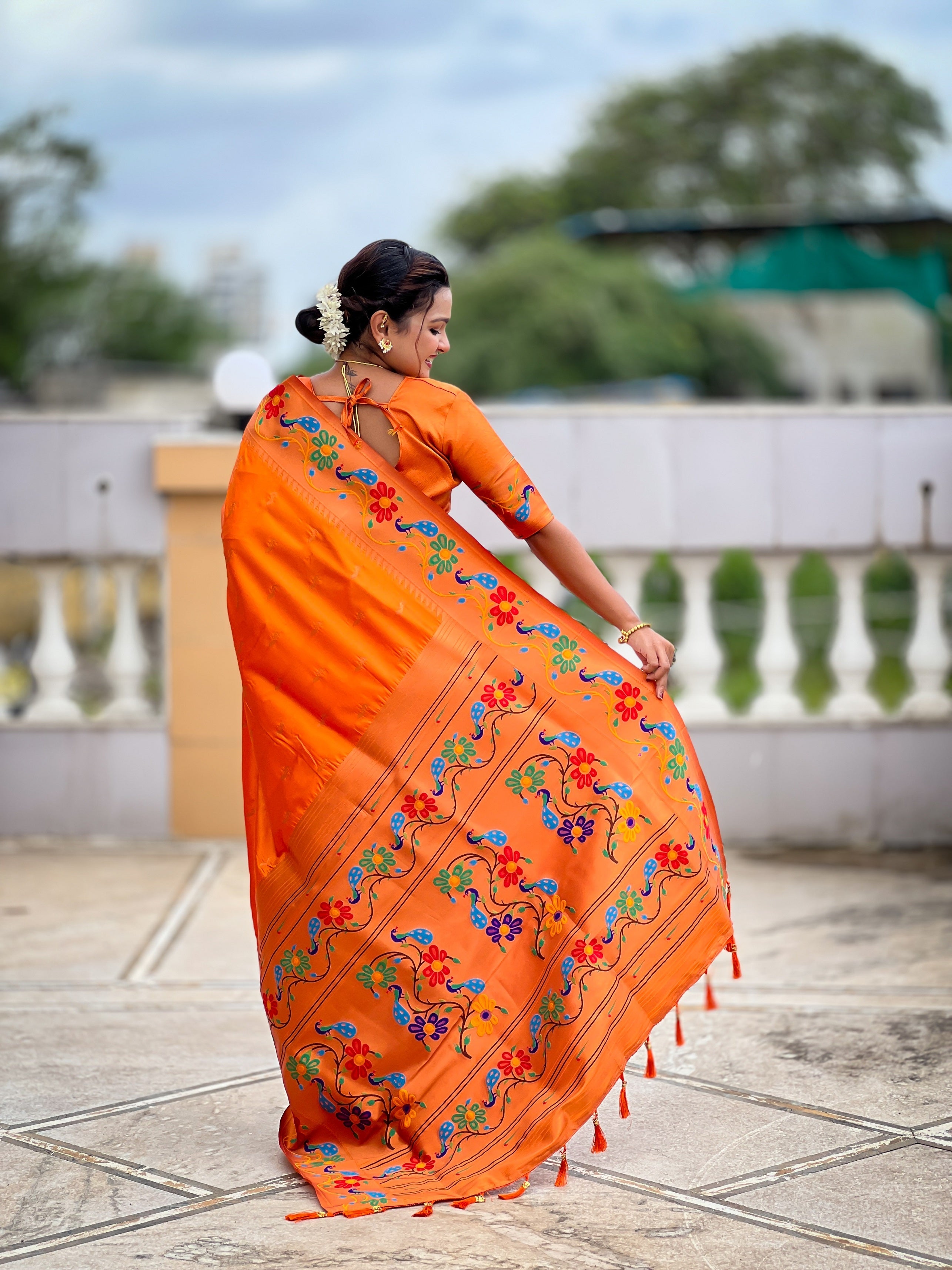 Vedant Vastram Soft Litchi Silk Paithani Jacquard Saree - Orange | Grocsy