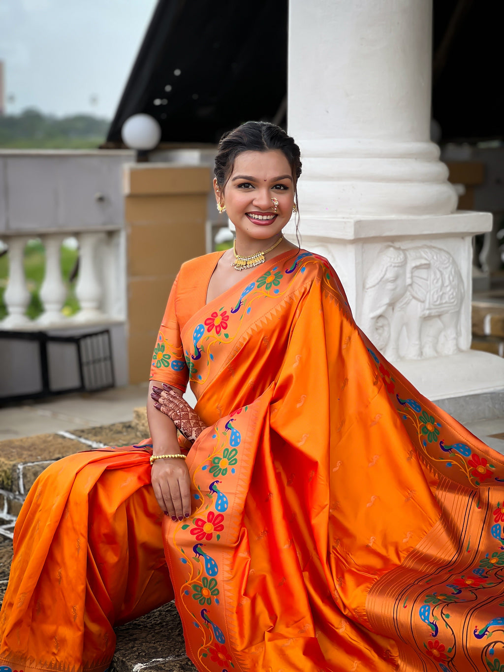 Vedant Vastram Soft Litchi Silk Paithani Jacquard Saree - Orange | Grocsy