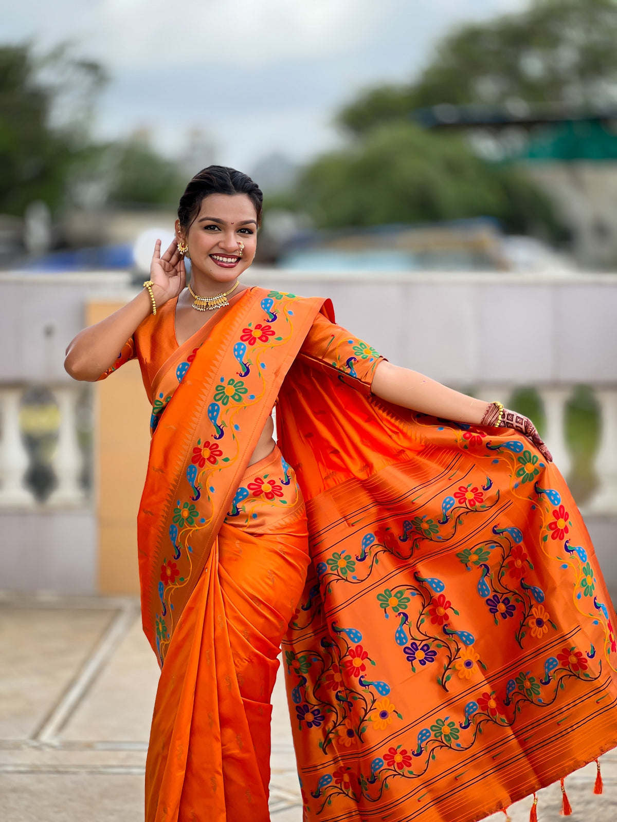 Vedant Vastram Soft Litchi Silk Paithani Jacquard Saree - Orange | Grocsy