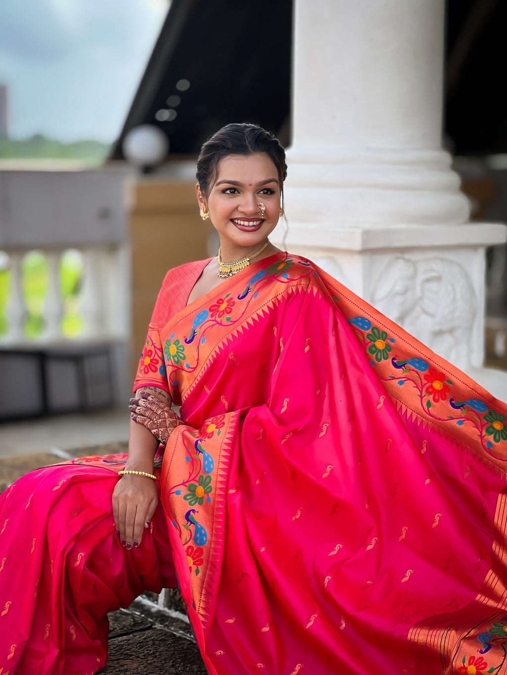 Vedant Vastram Soft Litchi Silk Paithani Jacquard Saree - Pink | Grocsy