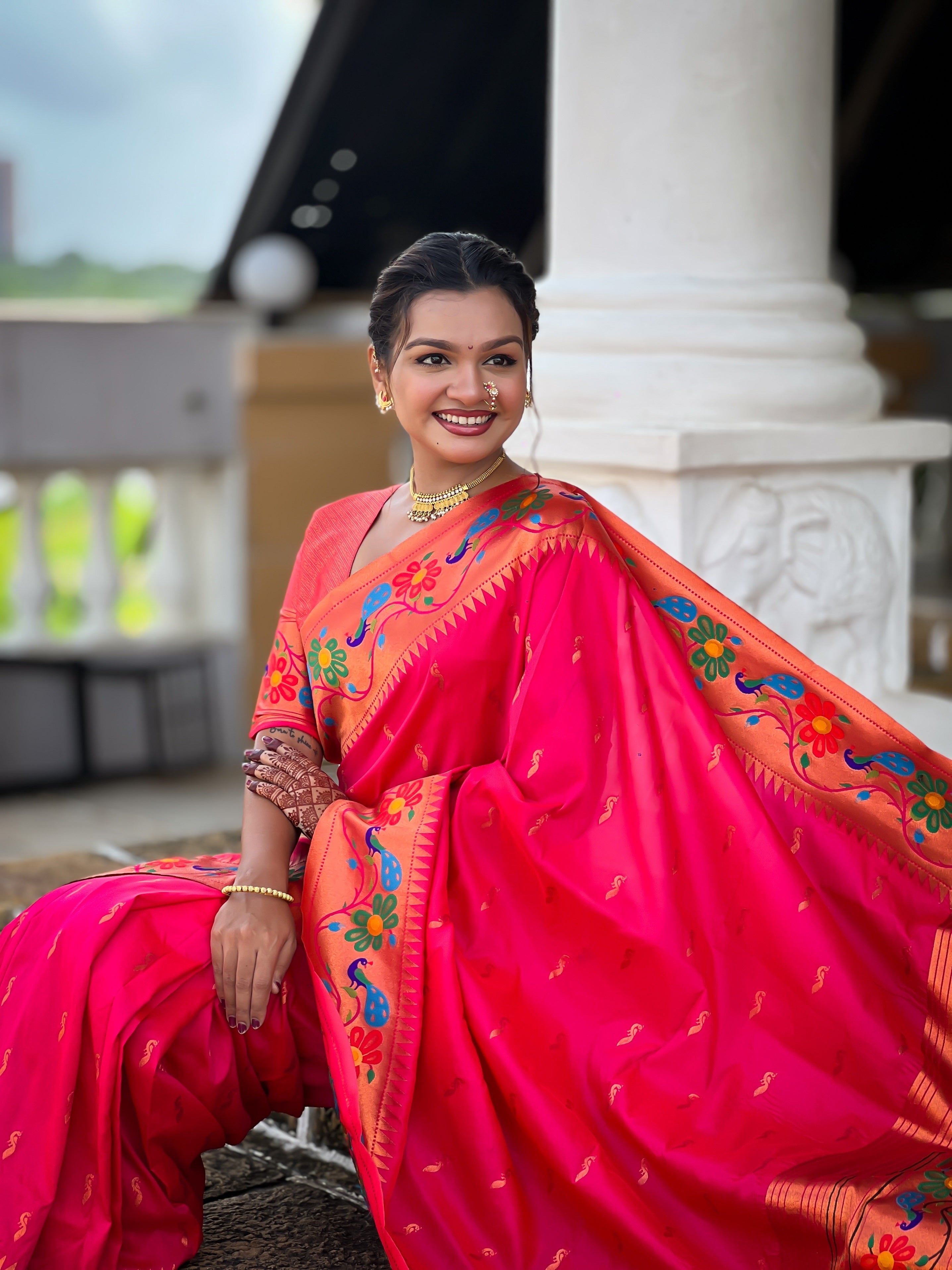 Vedant Vastram Soft Litchi Silk Paithani Jacquard Saree - Pink | Grocsy