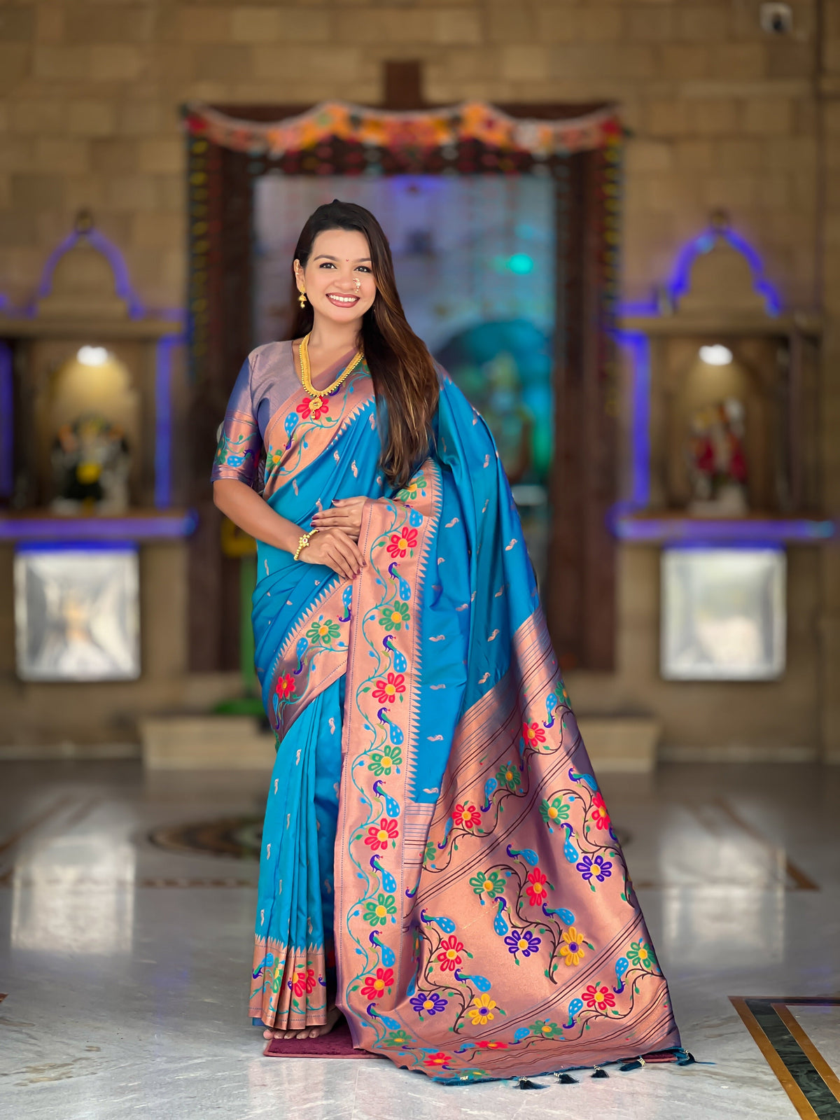 Vedant Vastram Soft Litchi Silk Paithani Jacquard Saree - Skyblue | Grocsy