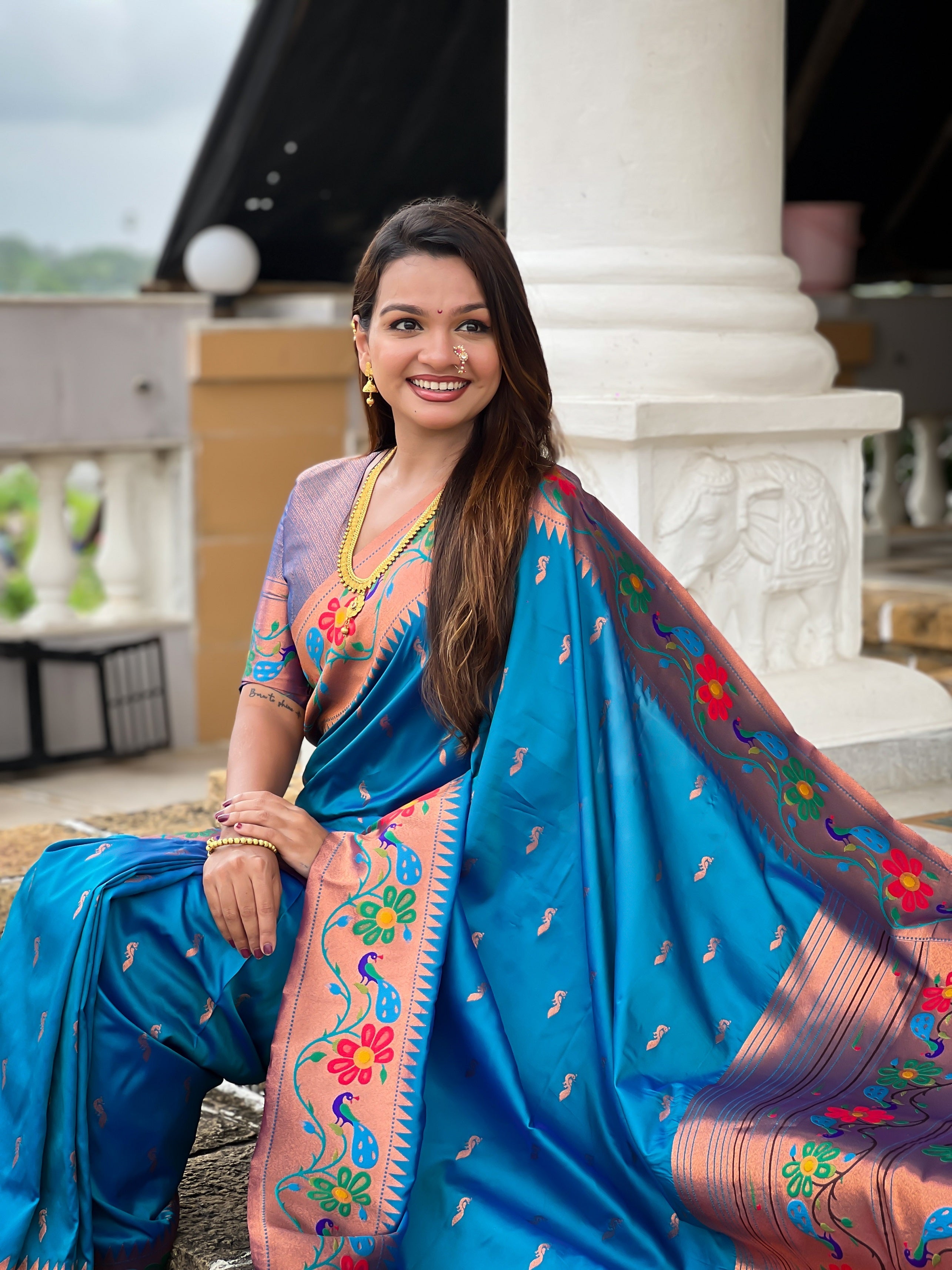 Vedant Vastram Soft Litchi Silk Paithani Jacquard Saree - Skyblue | Grocsy