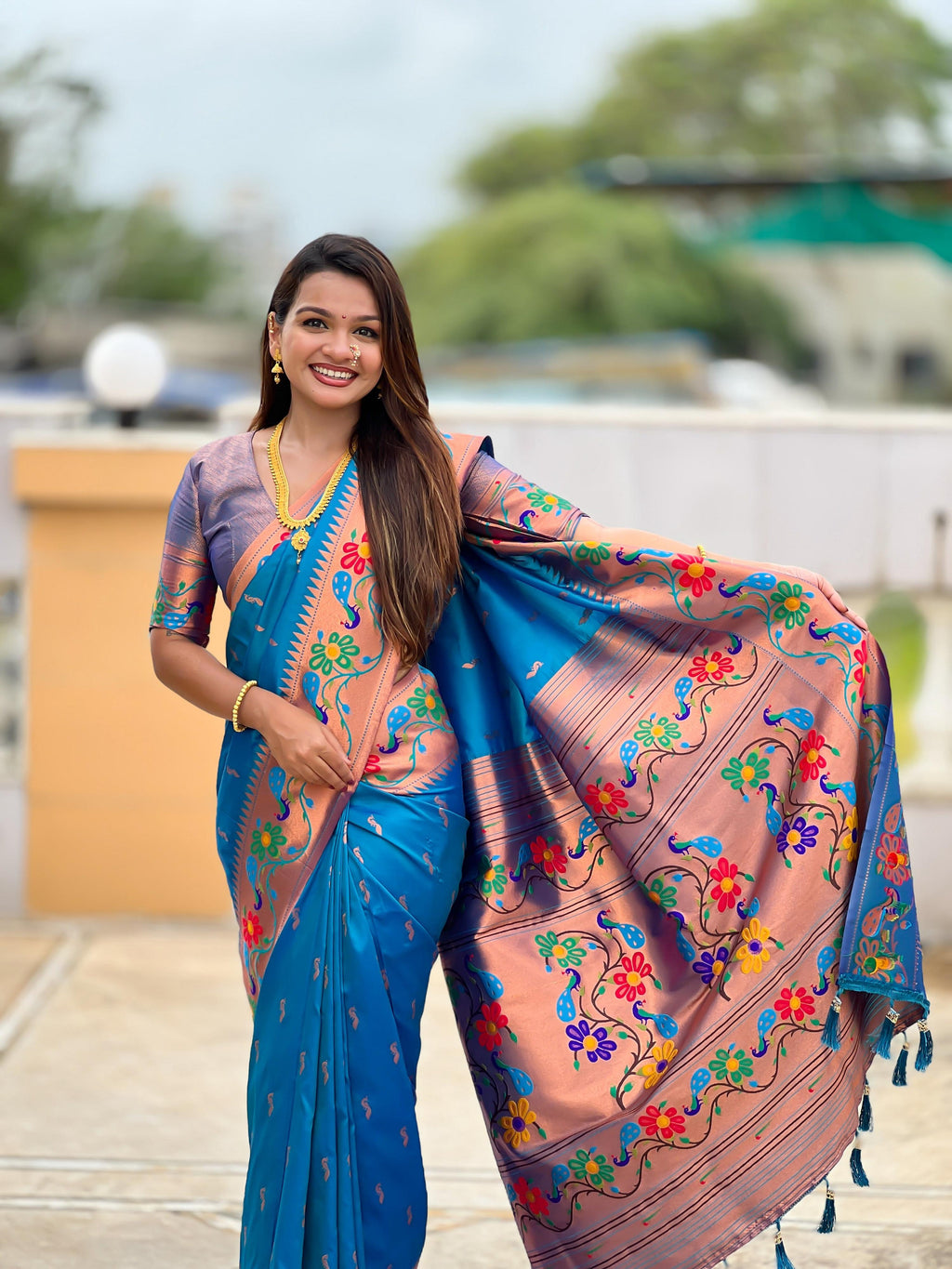 Vedant Vastram Soft Litchi Silk Paithani Jacquard Saree - Skyblue | Grocsy