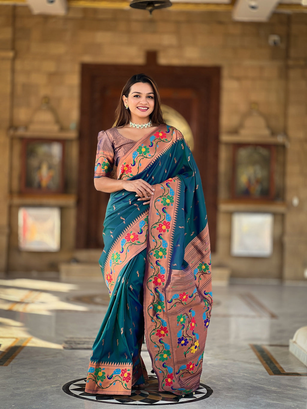 Vedant Vastram Soft Litchi Silk Paithani Jacquard Saree - Rama | Grocsy