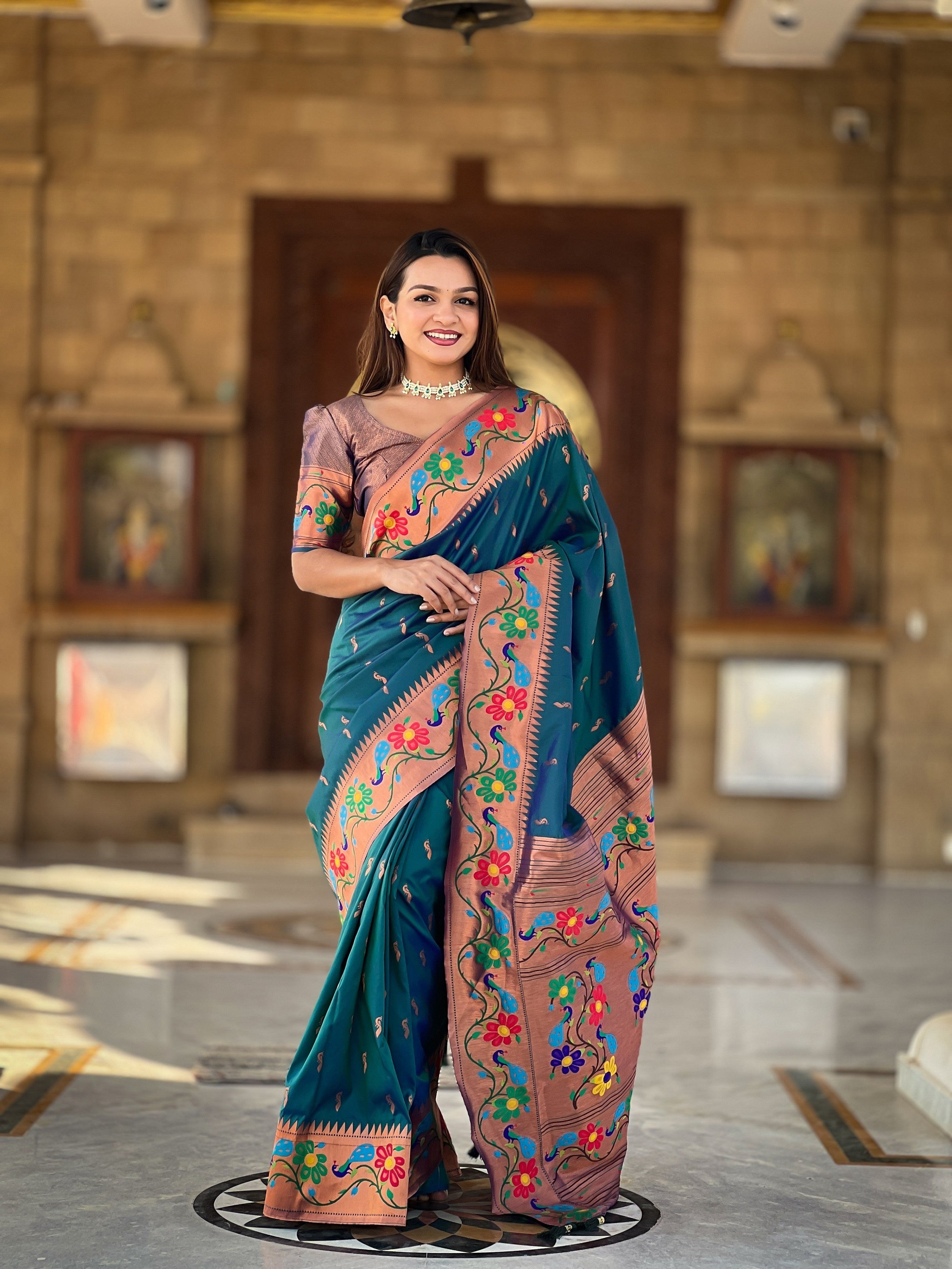 Vedant Vastram Soft Litchi Silk Paithani Jacquard Saree - Rama | Grocsy