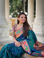 Vedant Vastram Soft Litchi Silk Paithani Jacquard Saree - Rama | Grocsy