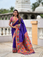Vedant Vastram Soft Litchi Silk Paithani Jacquard Saree - Violet | Grocsy