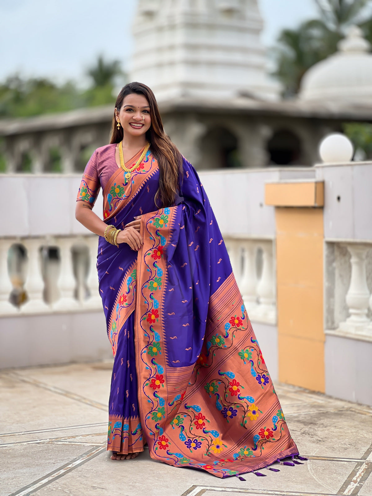 Vedant Vastram Soft Litchi Silk Paithani Jacquard Saree - Violet | Grocsy