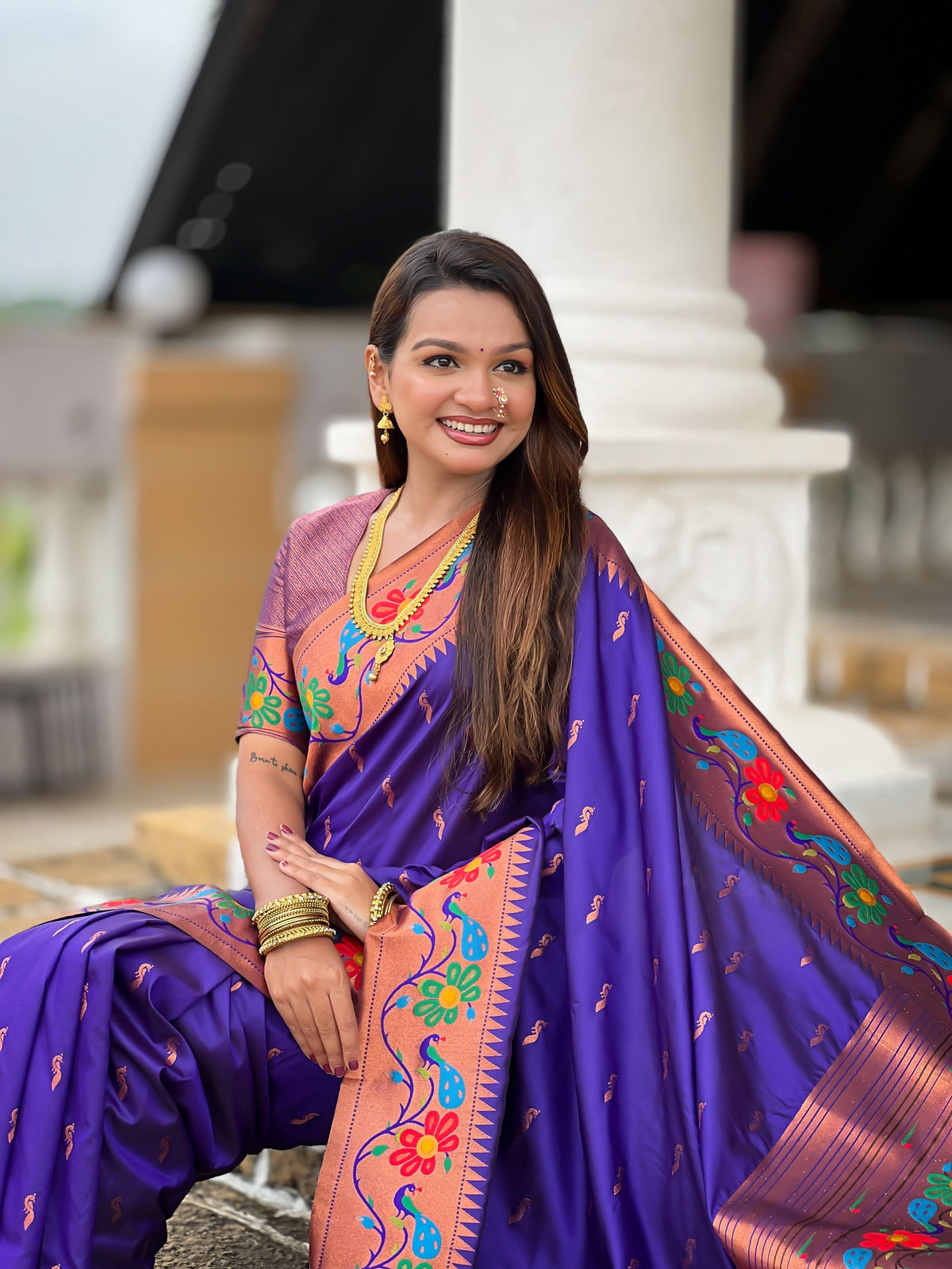 Vedant Vastram Soft Litchi Silk Paithani Jacquard Saree - Violet | Grocsy