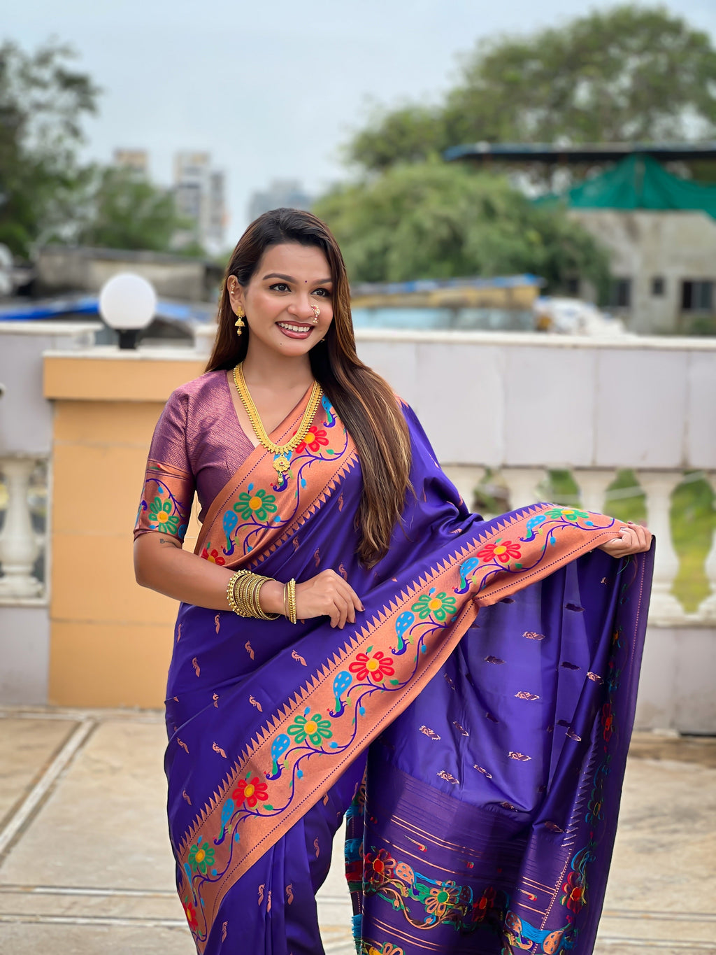 Vedant Vastram Soft Litchi Silk Paithani Jacquard Saree - Violet | Grocsy