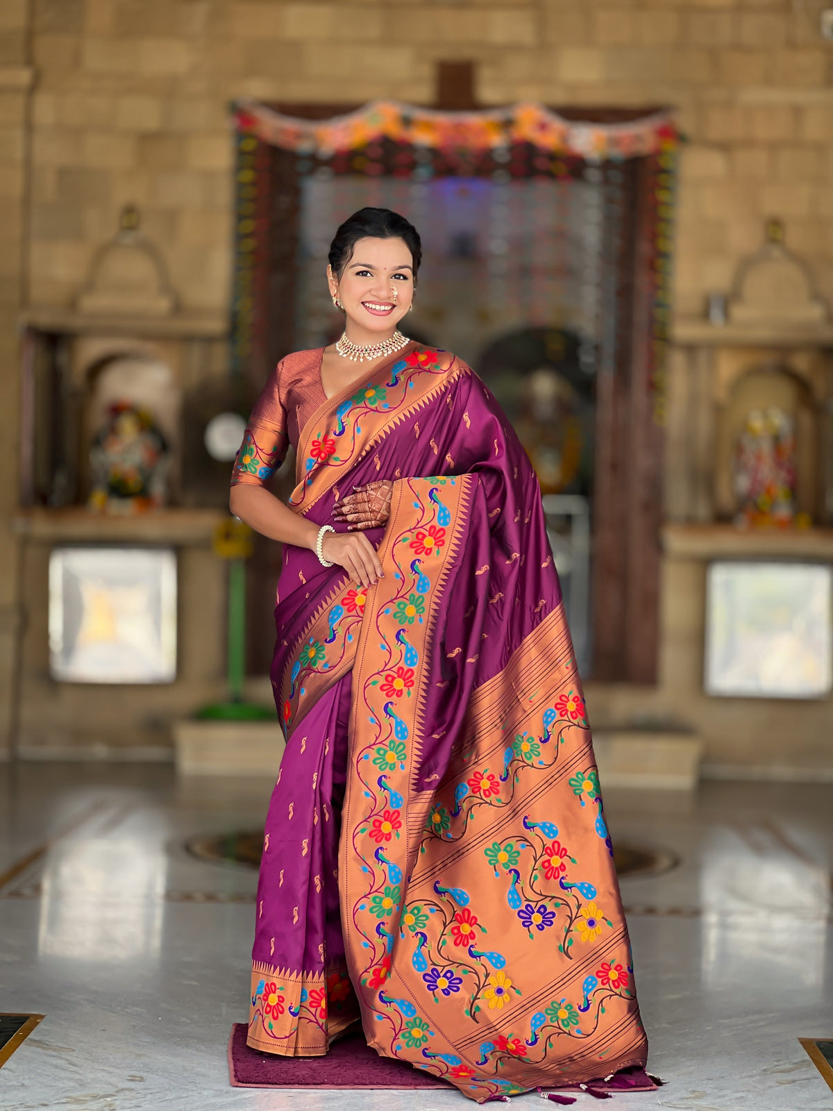 Vedant Vastram Soft Litchi Silk Paithani Jacquard Saree - Wine | Grocsy