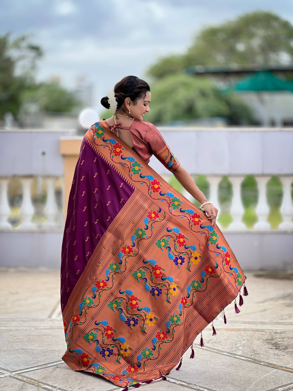 Vedant Vastram Soft Litchi Silk Paithani Jacquard Saree - Wine | Grocsy