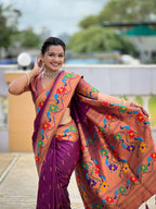 Vedant Vastram Soft Litchi Silk Paithani Jacquard Saree - Wine | Grocsy