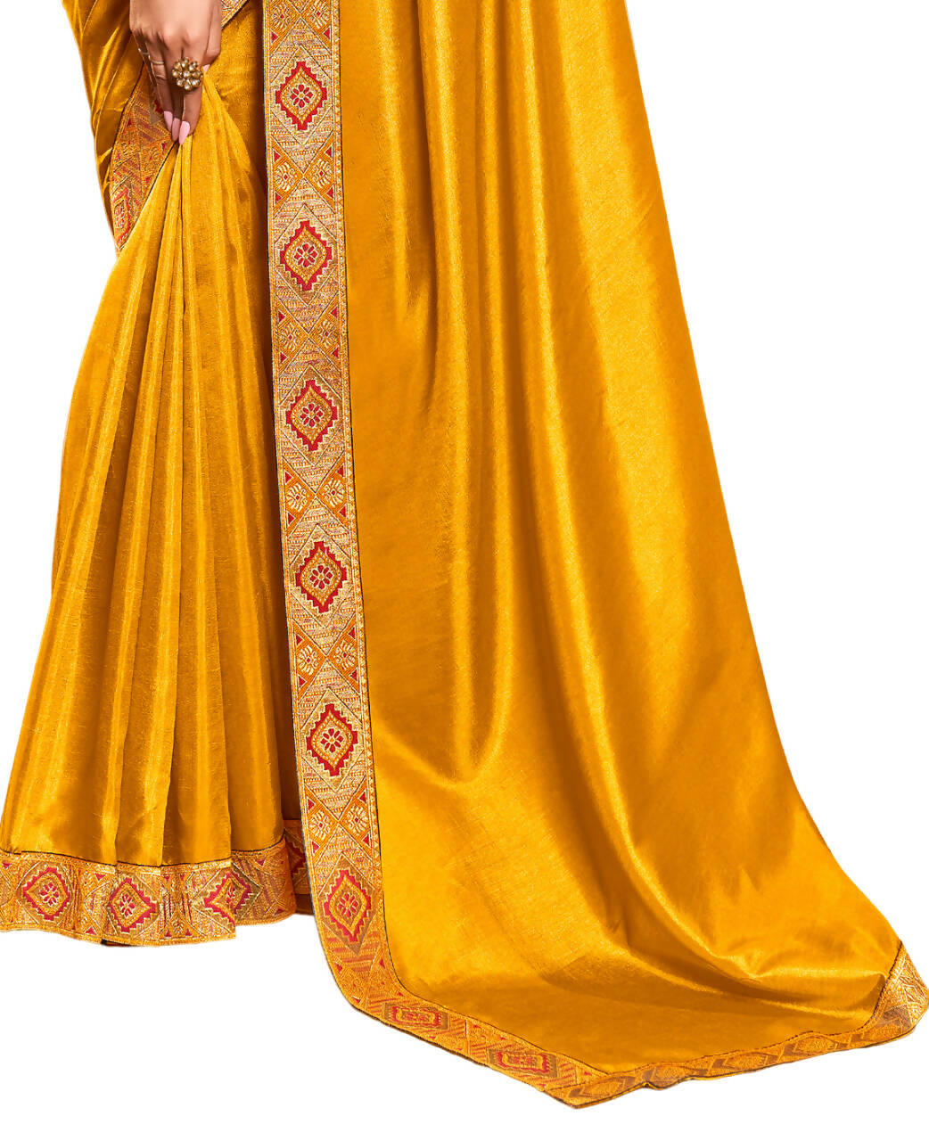 Mustard Solid Vichitra Saree With Unstitched Blouse Piece - Selena | Grocsy