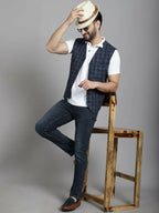 Even Apparels Checked Waistcoat With Welt Pockets - Navy Blue | Grocsy