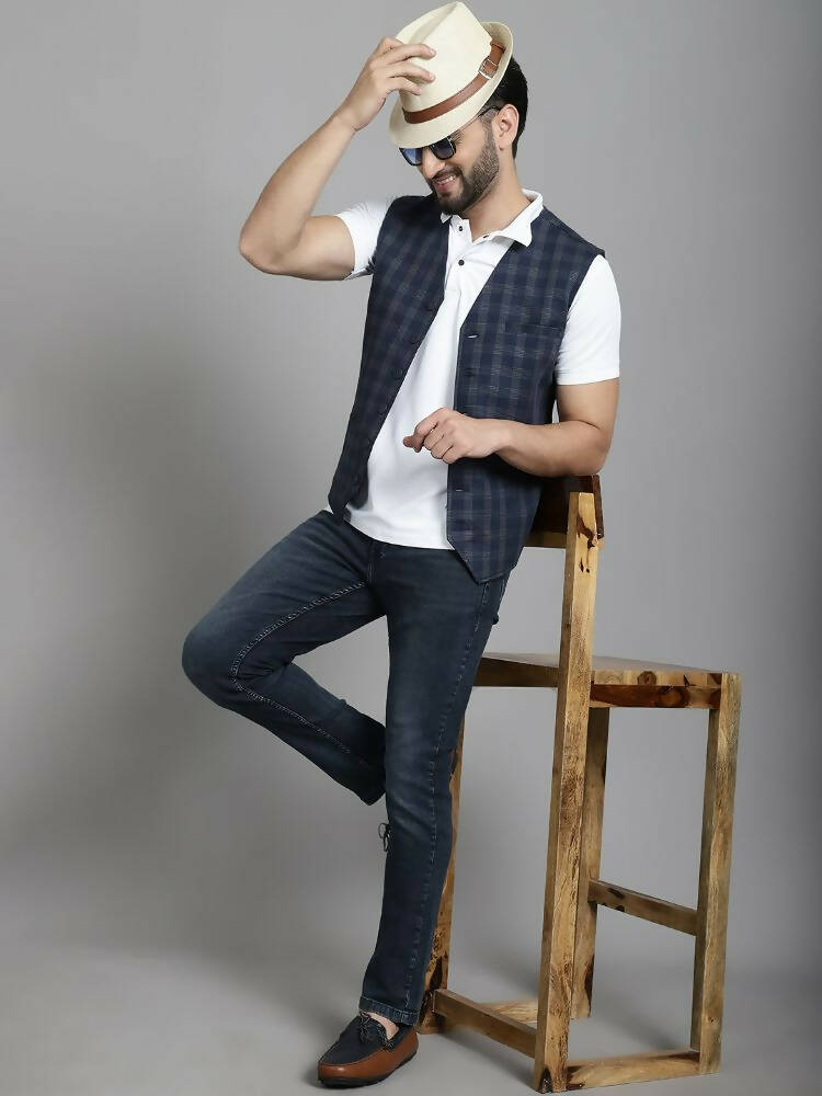 Even Apparels Checked Waistcoat With Welt Pockets - Navy Blue | Grocsy