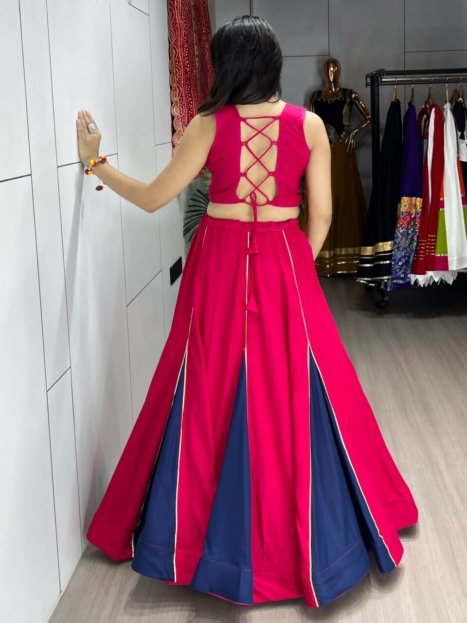 Yash Enterprise Gajari Navy Blue Rayon Cotton Embroidery Semi Stitched Navratri Top Chaniya Choli | Grocsy