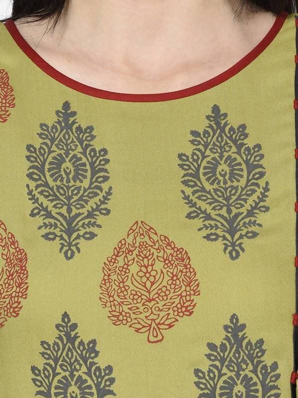 Aniyah Rayon Parrot Green Color Block Print Anarkali Palazzo Set (AN-194K) | Grocsy
