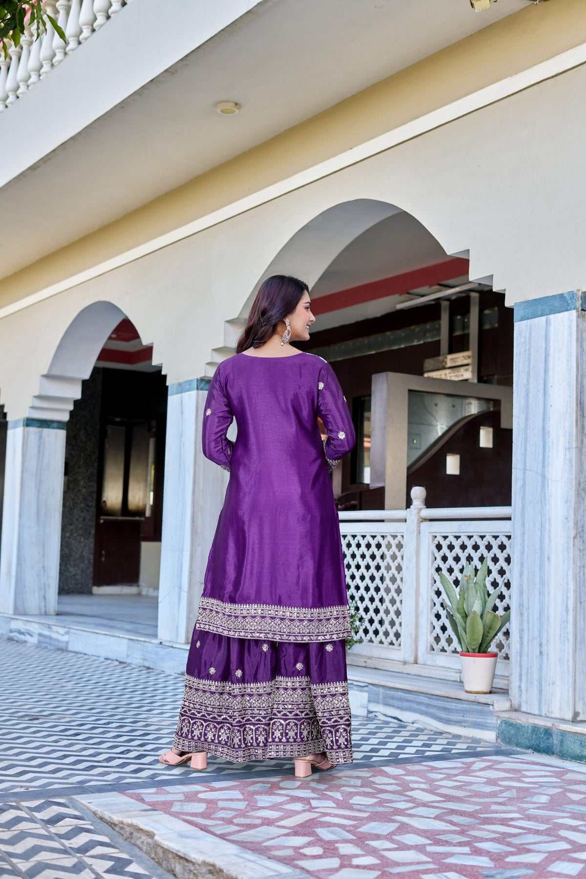 Teeya Creation Wine Color Chinon Silk Heavy Embroidery Work Wedding Wear Sharara | Grocsy
