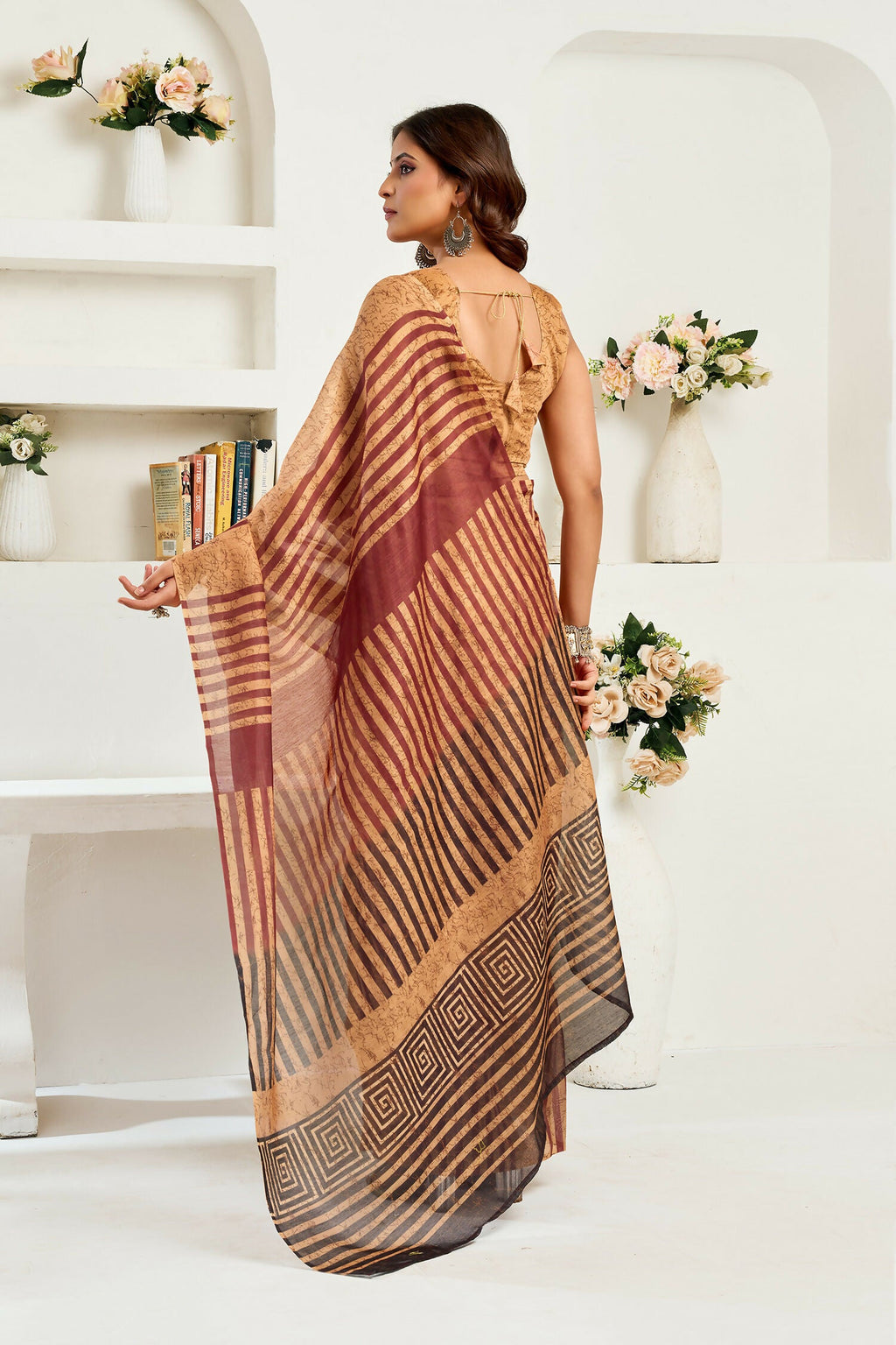 Joban Fashion Caramel Striped & Geomatric Linen Ready To Wear Saree With Unstitched Blouse | Grocsy