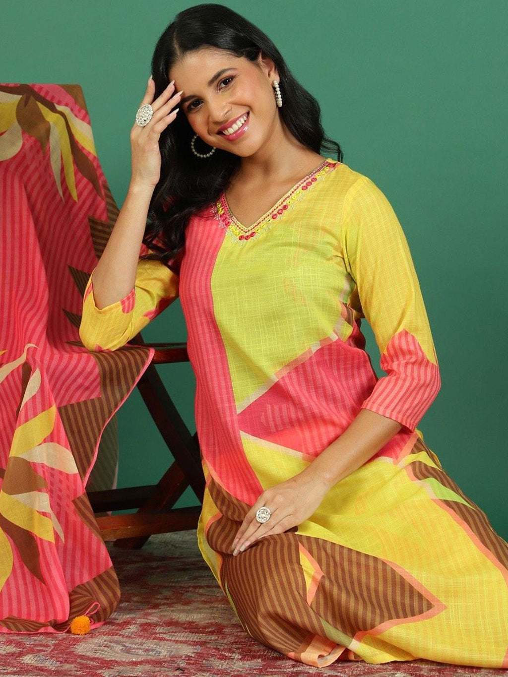 Sangria Printed V- Neck Kurta & Trousers With Dupatta | Grocsy