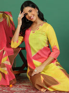 Sangria Printed V- Neck Kurta & Trousers With Dupatta | Grocsy