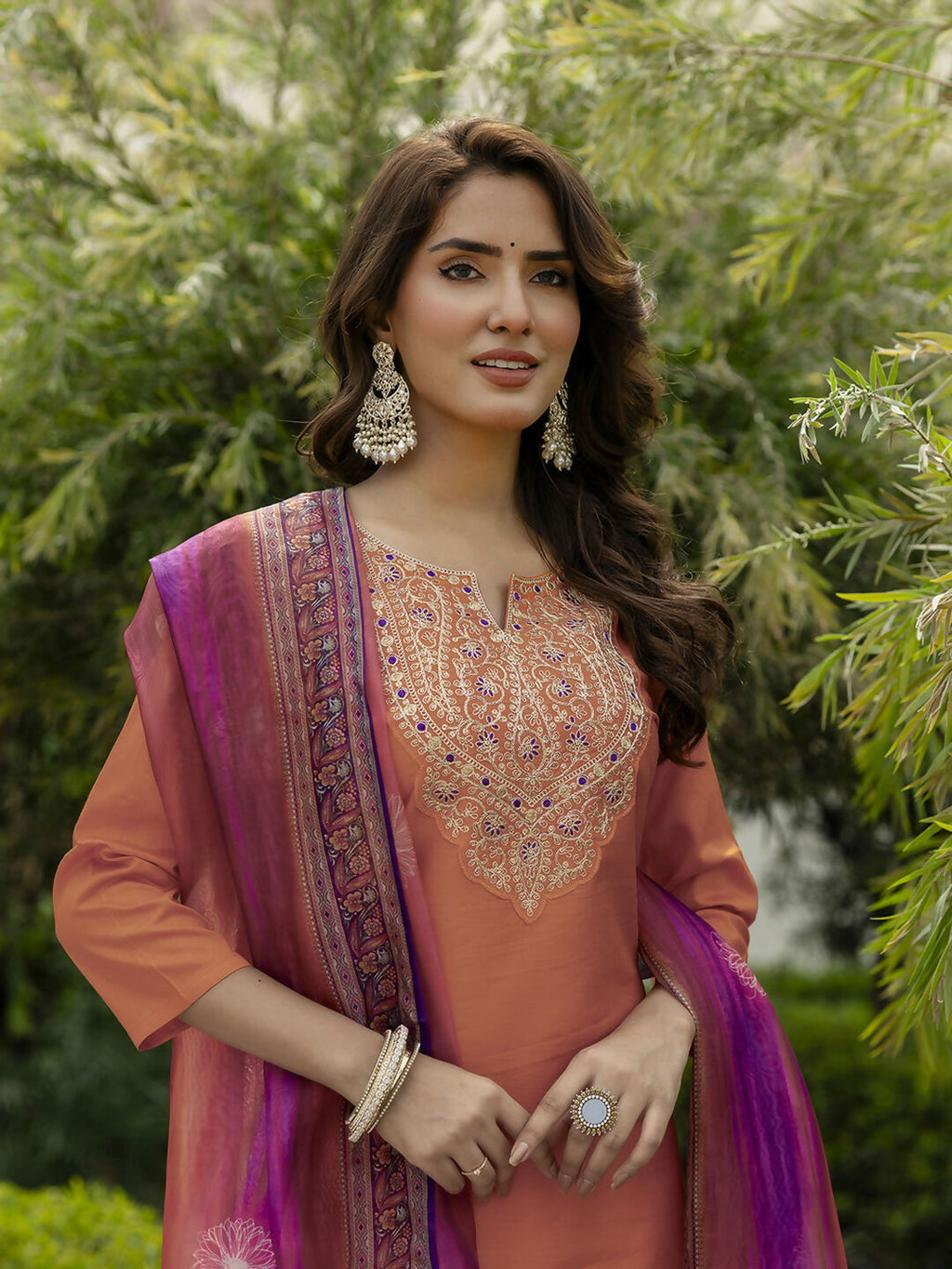 The52 Orange Women's Gorgeous Embroidered Rayon Fabric with Straight Kurta, Pant and Dupatta Set | Grocsy