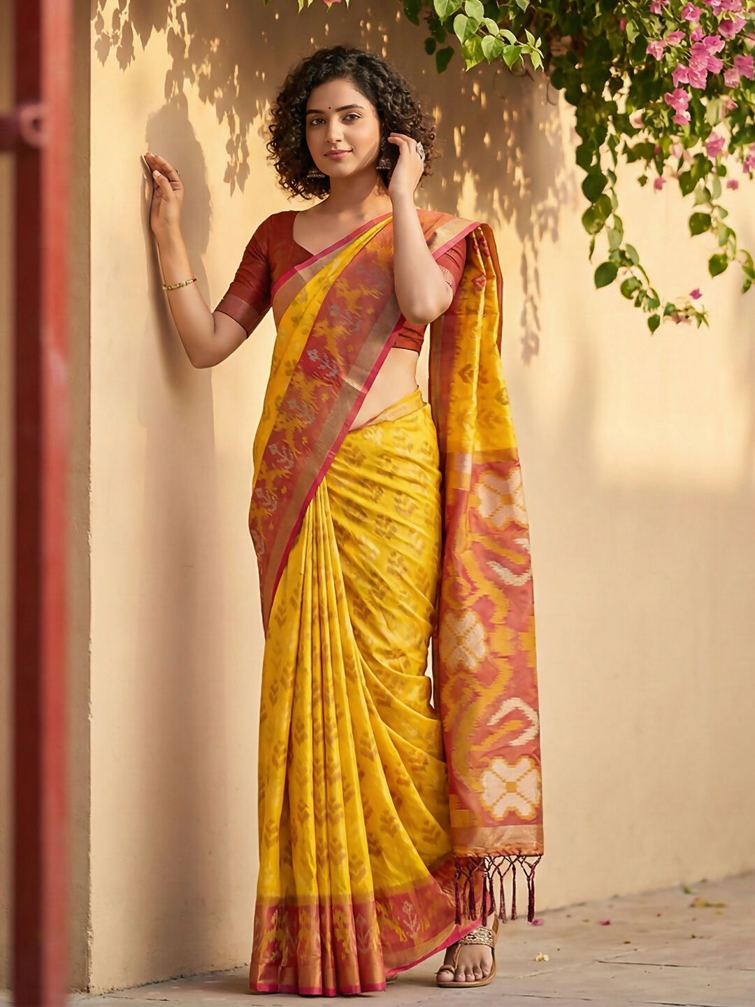 Shree Shyam Fashion Yellow Pochampally Silk Saree | Grocsy