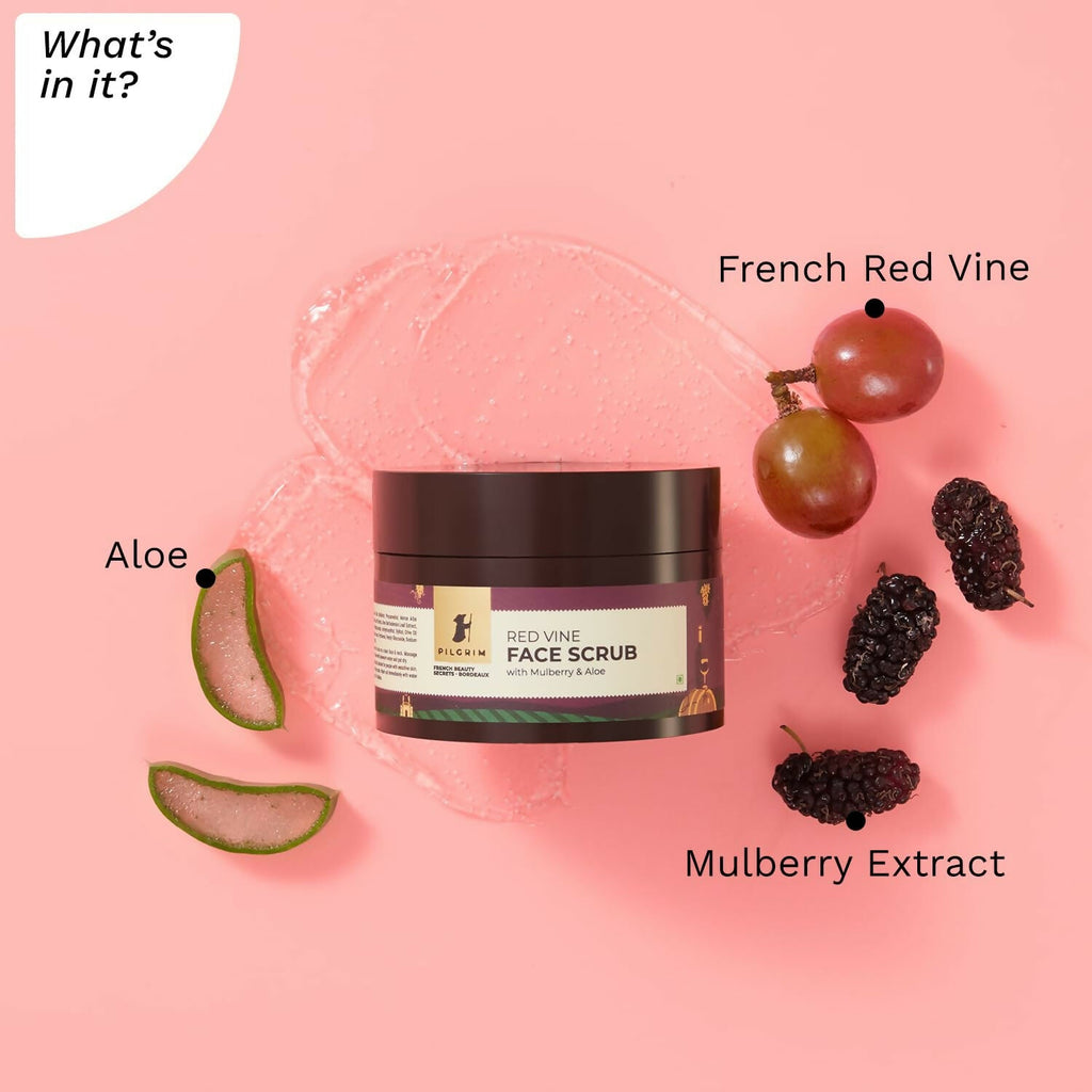 Pilgrim French Red Vine Face Scrub with Mulberry Extract & Aloe For Glowing Skin, Tan Removal, De-Pigmentation | Grocsy
