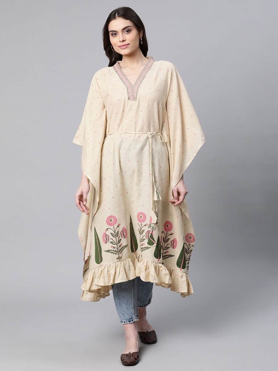 Ahalyaa Women Beige Pure Cotton Floral Printed Kaftan Kurta | Grocsy