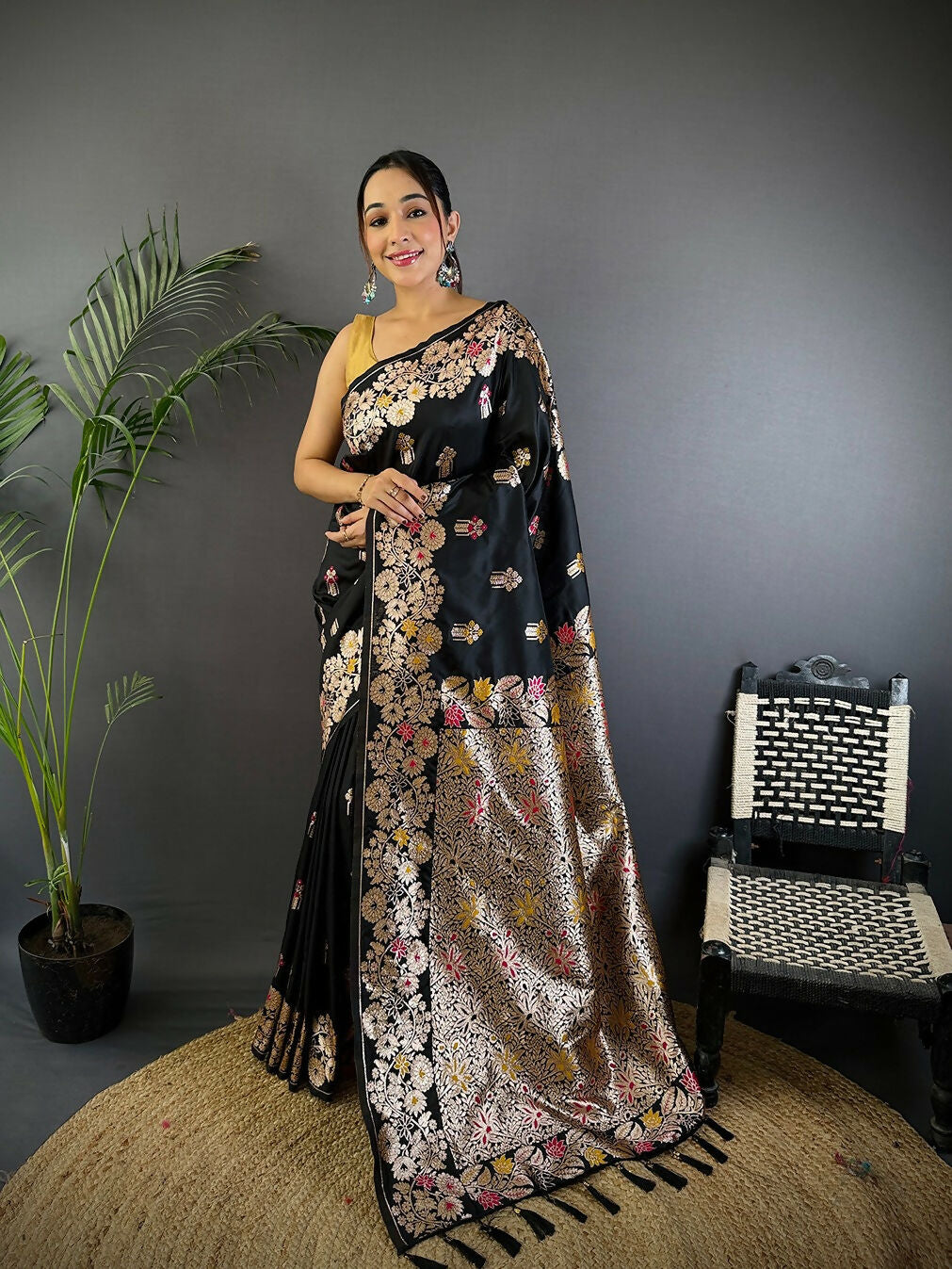 Joban Fashion Meenakari Black Woven Soft Silk Saree | Grocsy