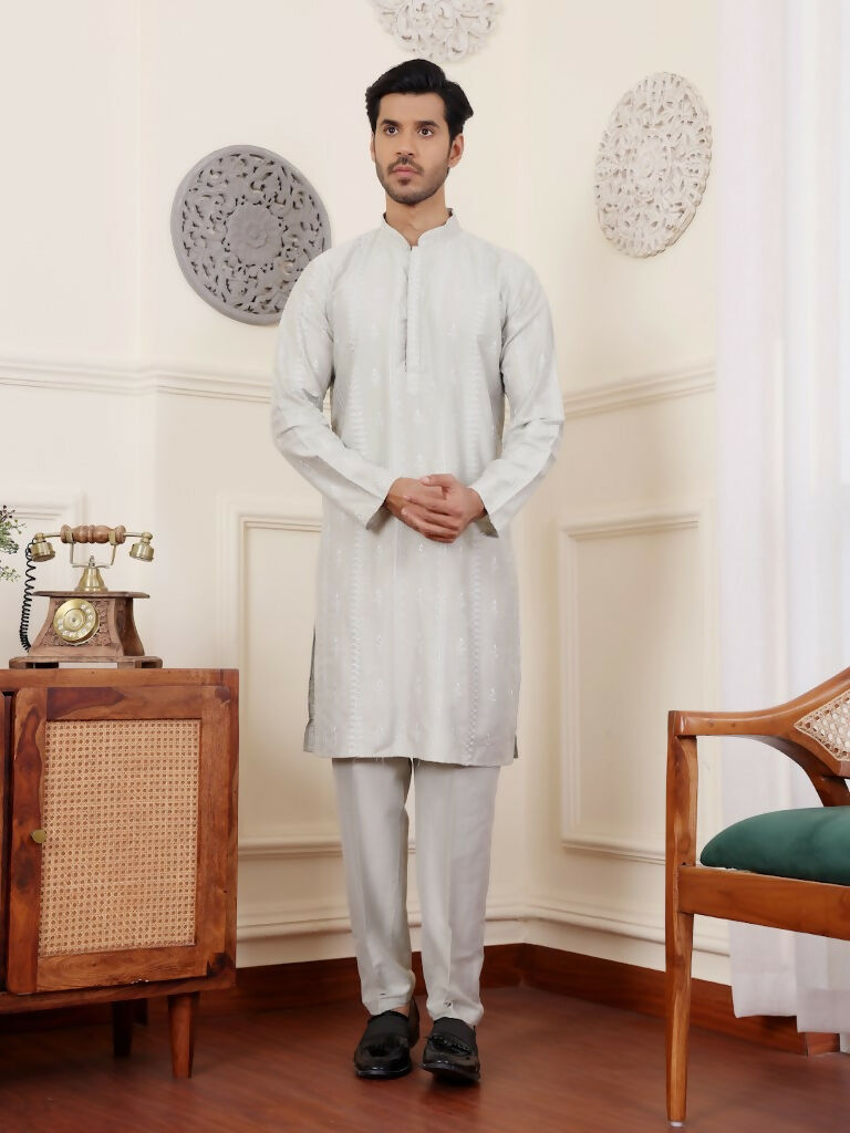 Light Green Silk Designer Embroidery Work Men's Rajwadi Kurta Set - Mahotsav | Grocsy