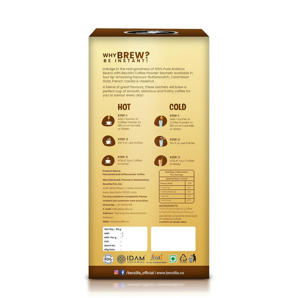 Bevzilla Premium Glass & 25 Flavoured Coffee Sachets | Grocsy