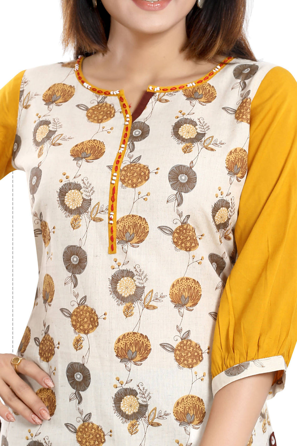 Snehal Creations Cream Cotton Printed Apple-Cut Short Tunic | Grocsy