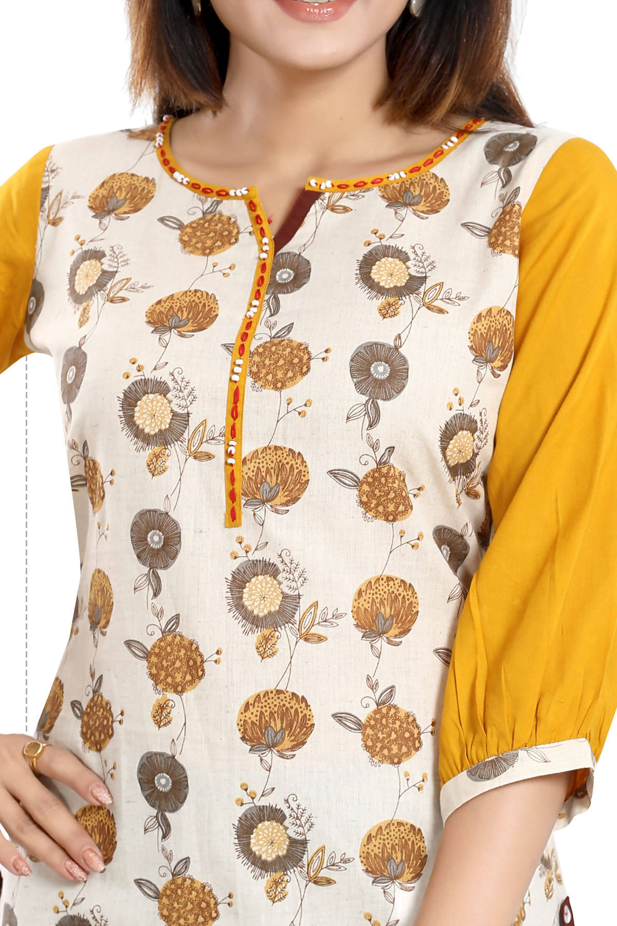 Snehal Creations Cream Cotton Printed Apple-Cut Short Tunic | Grocsy