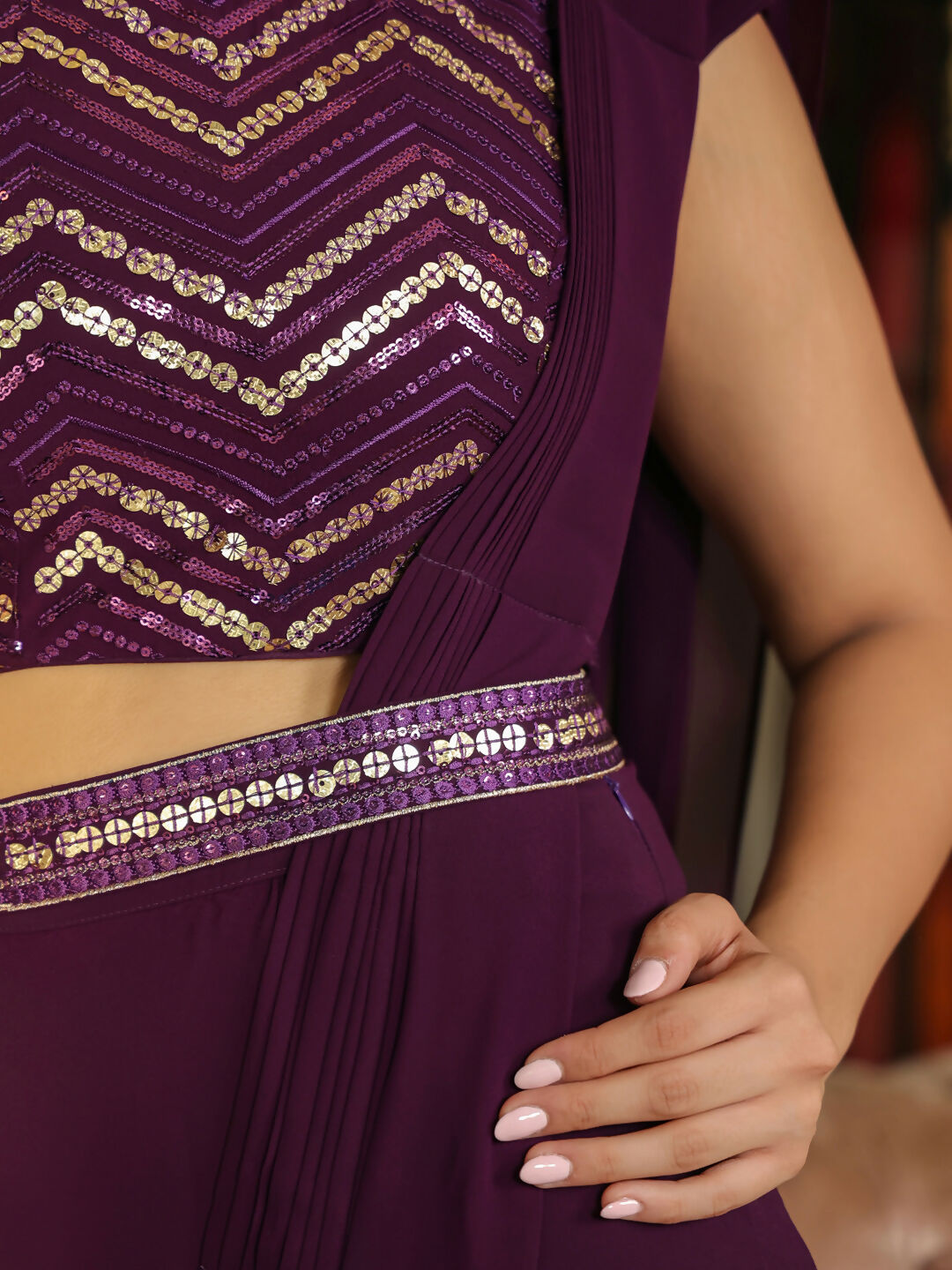 Janasya Purple Georgette Sequined Saree and Blouse | Grocsy