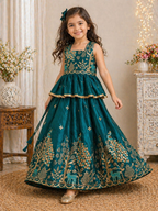 Evanik Blue Pure Gold Crush With Peacock Design Work Kids Lehenga Choli | Grocsy